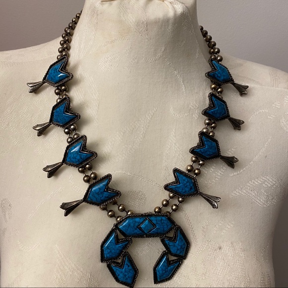 Vintage Jewelry - Squash Blossom Turquoise Silver Statement Necklace! long beaded arrows 24”